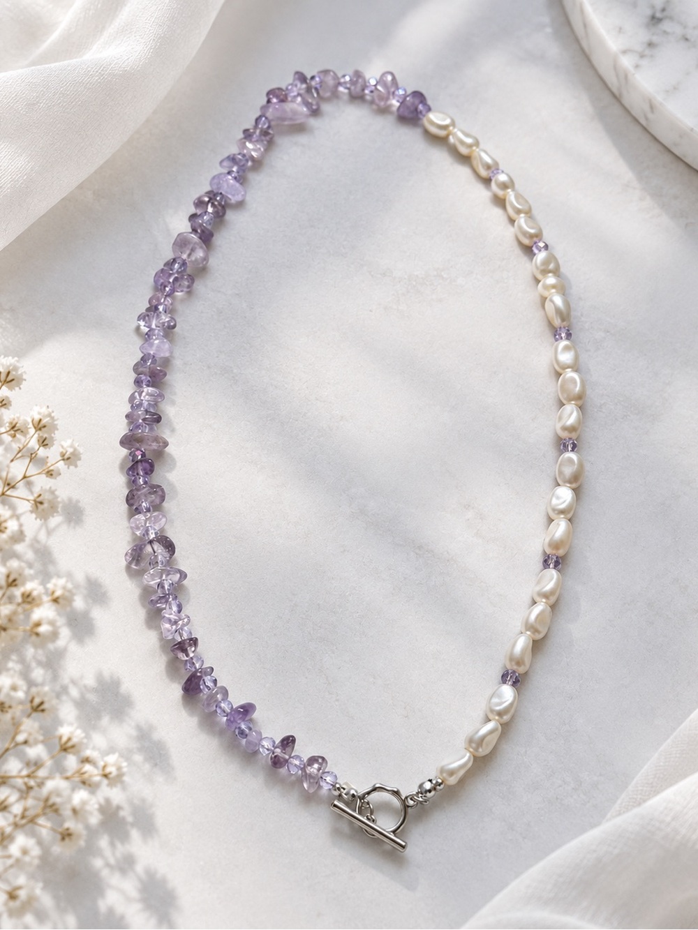 Faux Pearl & Amethyst Beaded Necklace - Lavender/White